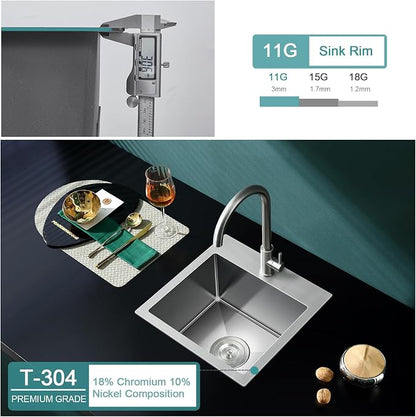 Brushed Topmount Kitchen Sink - 18”×18” Single Bowl Sink | 8 Inch Deep Handmade Bar Sink with Strainer, Stainless Steel 304, Rear Drain, X-Groove Drainage, Sound-Dampening Pad