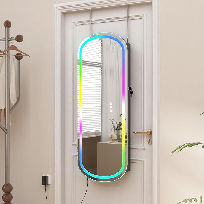 Mirror Jewelry Armoire Cabinet Organizer Wall Mounted Over the Door Black | Full-Length Lockable Rounded Wide Mirror with Storage Interior Mirror Door Mount Adjustable RGB LED Light Gift for Chrismas