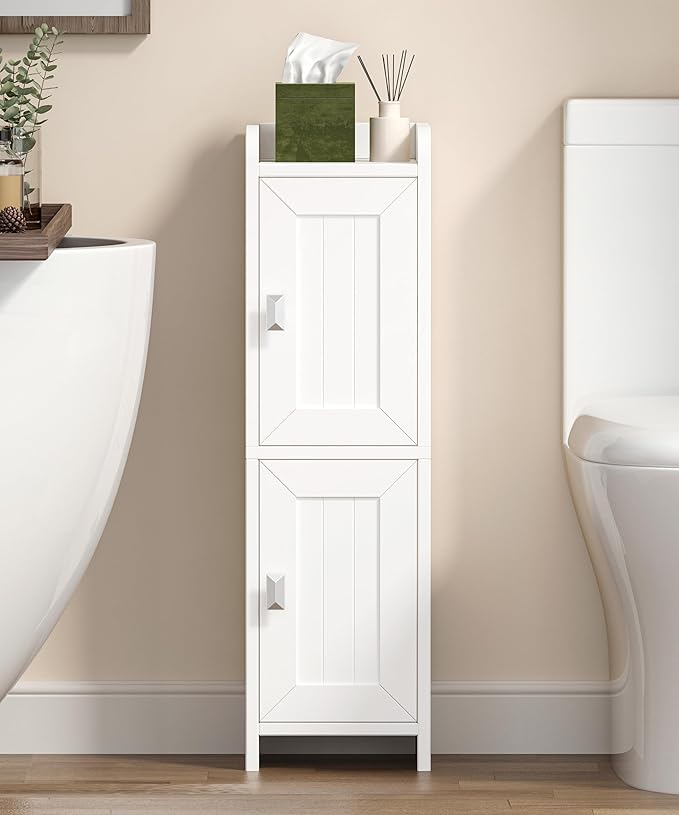 Small Bathroom Cabinet with 2 Doors, 7.9''D x 7.9''W Narrow Toilet Paper Storage Cabinet, Bathroom Organizer for Small Spaces, Slim Corner Unit with Adjustable Shelf, White