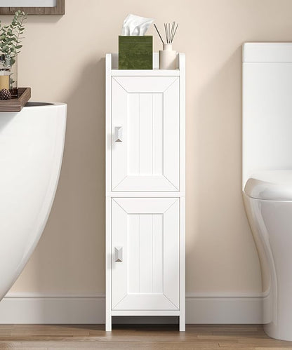 Small Bathroom Cabinet with 2 Doors, 7.9''D x 7.9''W Narrow Toilet Paper Storage Cabinet, Bathroom Organizer for Small Spaces, Slim Corner Unit with Adjustable Shelf, White