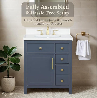 Lavanti Oakford 30 Inch Bathroom Vanity with Sink – Stylish Navy Blue Vanity Bathroom with Storage Cabinet – Modern Bathroom Vanities with Single Vanity Sink & Quartz Countertop