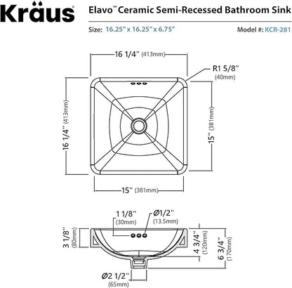 Kraus KCR-281-ORB Modern Elavo Ceramic Square Semi-Recessed Bathroom Sink with Overflow and Pop Up Drain, Oil Rubbed Bronze/White 16.25