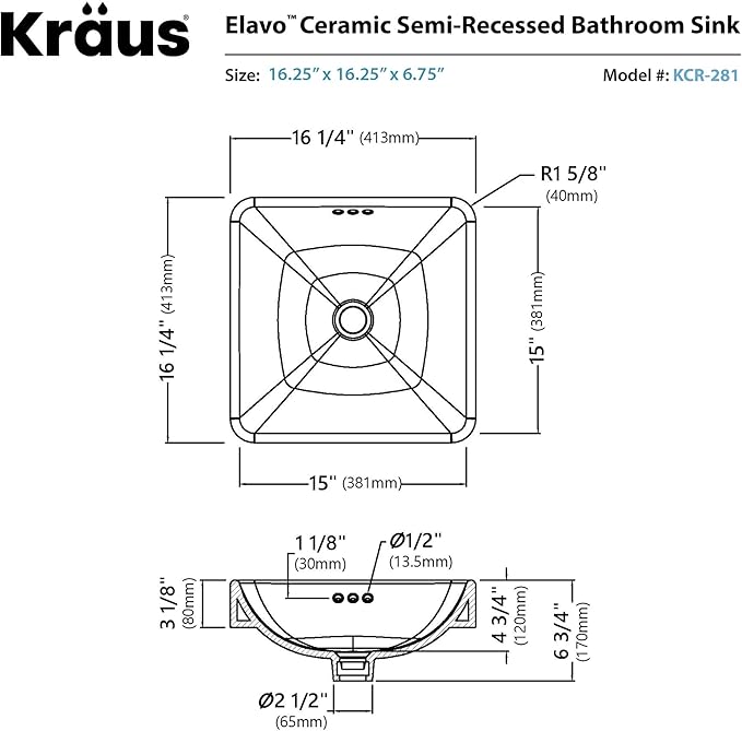 Kraus KCR-281-CH Modern Elavo Ceramic Square Semi-Recessed Bathroom Sink with Overflow and Pop Up Drain, Chrome/White 16.25