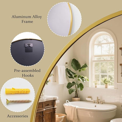 40 Inch Round Mirror - Circle Mirrors for Bathroom, Entryway and Living Room Wall Decor, Modern Hanging Vanity Mirror, Matte Gold Circle Decorative Wall Mirror