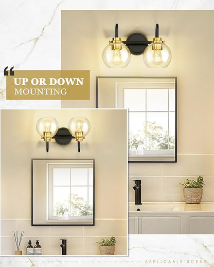 Bathroom Light Fixtures, 2-Light Black and Gold Vanity Lights with Globe Clear Glass, Modern Vanity Lighting Fixtures Over Mirror, AD-22280-2W-KG