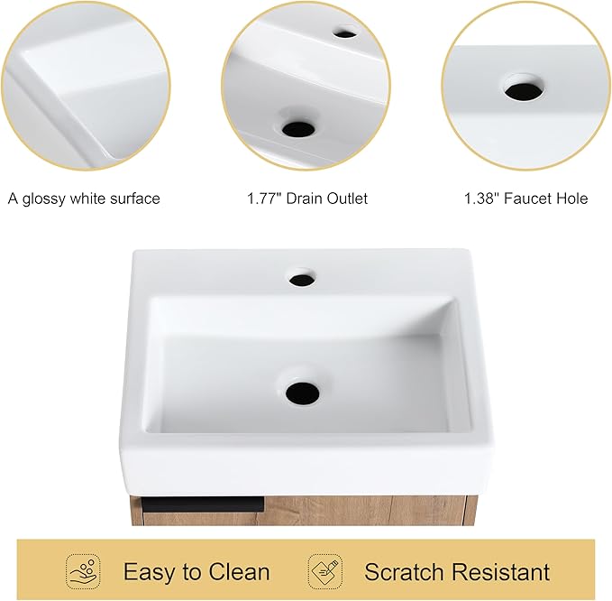 Malwee 18" Floating Bathroom Vanity with Sink, 18 Inch Single Sink Wall Mounted Bathroom Vanity, with 1 Door and White Ceramic Basin Top, Modern Bath Wall-hung Storage Cabinet for Small Space (015-18)