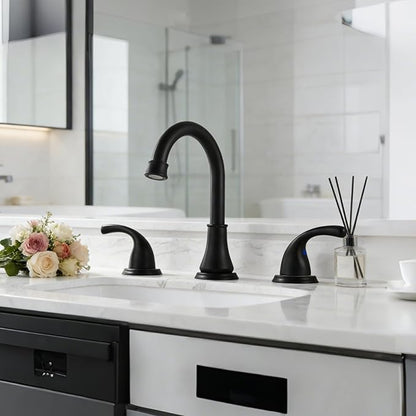 Bathroom Faucet 3 Holes, 8 Inch Widespread Faucet 2 Handle Bathroom Sink Faucets Lead-Free Matte Black Bath Sinks Faucets with Pop-up Drain Stopper and Supply Hoses