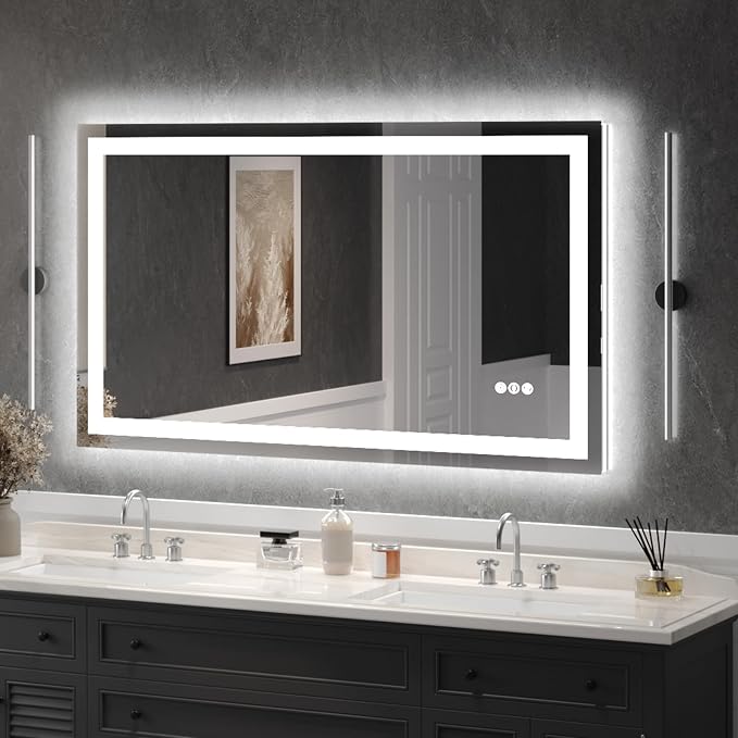 LED Bathroom Mirror 55x30 Inch Tempered Glass - Frameless LED Backlit Lighted Mirror for Bathroom Vanity with Anti-Fog, 3 Colors Dimmable, Memory Function, Wall-Mounted | Tempered Glass - Frameless Backlit Lighted Mirror for Bathroom Vanity with Anti-F...