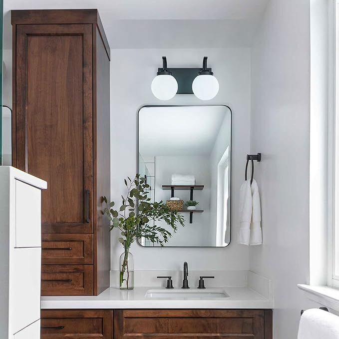 2 Lights Bathroom Vanity Light Fixtures Modern Sand Black Vanity Light with Milk White Glass Globe Shade Bathroom Lighting Over Mirror Wall Sconce for Bedroom Living Room Hallway