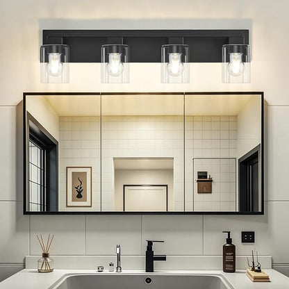4-Light Matte Black Bathroom Light Fixtures, with Clear Glass Shade | 29.5 Inch Bathroom Lighting Fixtures Over Mirror, Modern Wall Light, bathroom vanity light E26 Socket, ETL