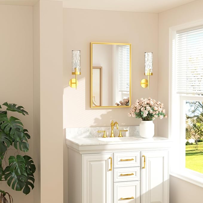 Gold Bathroom Mirror 20" x 30" Brushed Brass Rectangle Beveled Framed Bathroom Vanity Mirror for Over Sink, Tempered Glass, Modern Farmhouse Bedroom, Entryway, Living Room