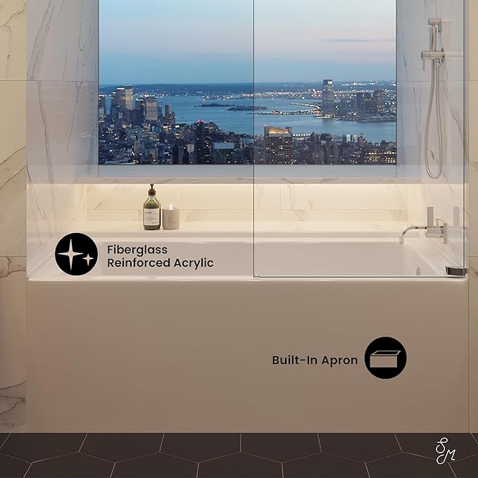 Bathroom with a large bathtub and cityscape view, featuring fiberglass reinforced acrylic and built-in apron text.