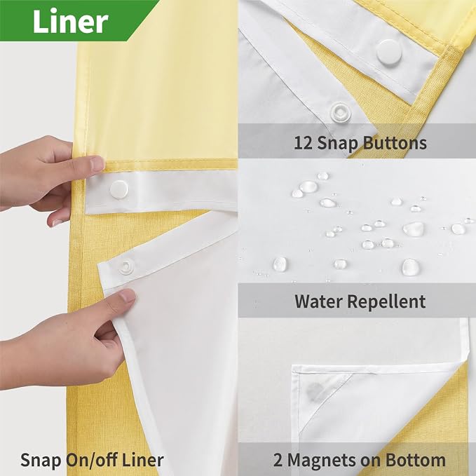 eachope No Hook Linen Texture Shower Curtain with Snap-in Liner,71x80 Gold | 230GSM Thick Fabric,Hotel Luxury Decor,Mesh Top Window,Magnetic Weighted Hem,Waterproof & Machine Washable,for Bathroom