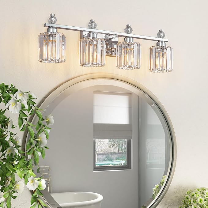 Bathroom Vanity Lights 4-Light Chrome Modern Crystal Vanity Light Fixtures Over Mirror Crystal Bathroom Vanity Lighting Fixtures