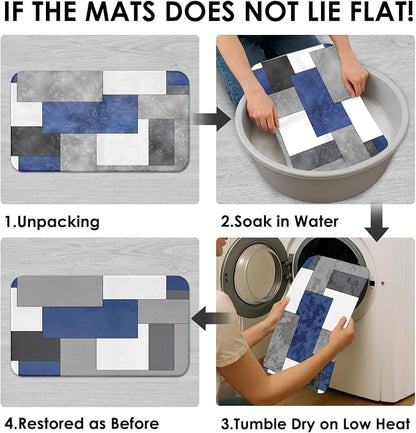 Bathroom Sets with Shower Curtain and Rugs, 4 Pcs, Geometric Navy | Abstract Checkered Modern Bathroom Decor Set with Toilet Lid Cover, Non-Slip Bath Mats and Accessories 12 Hooks
