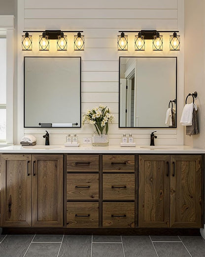 4-Light Black Bathroom Light Fixtures, 29 Inch Modern Bathroom Vanity Lighting Fixtures Over Mirror with Clear Glass and Metal Cage Wall Sconce Lights for Bath, E26, CH9176BK-4W