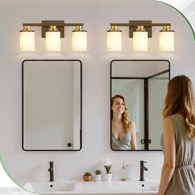 17 Inch Bathroom Light Fixtures, 3-Light Black and Gold Bathroom Lighting Fixtures Over Mirror with Milk Glass Shade, Vanity Lights for Living Room Bedroom