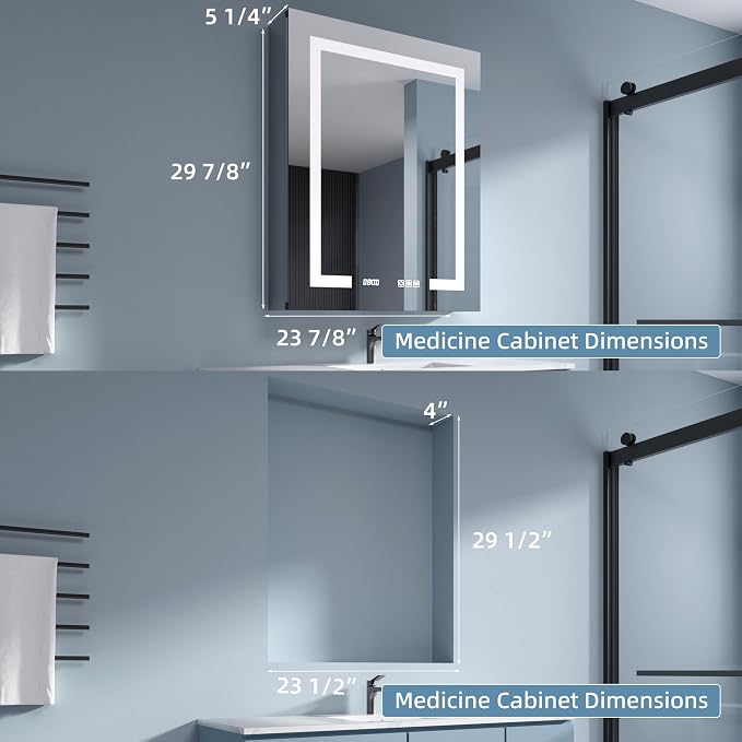 Medicine Cabinet with Lights 24x30 Anti-Fog Mirror Dimmable | 3 Color Dimmable LED. Time Temp Display. Anti-Fog IP44. 2 Outlets+2 USB. Plug-in/Hardwired. Recessed/Wall Mount. Left Hinge.