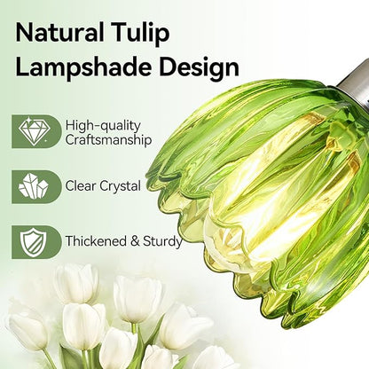 3-Light Vanity Lights with Green Tulip Glass Shade, Brushed Nickel Bathroom Lighting Fixture Over Mirror, Vintage Vanity Wall Sconce Lamp for Kitchen Living Room Hallway