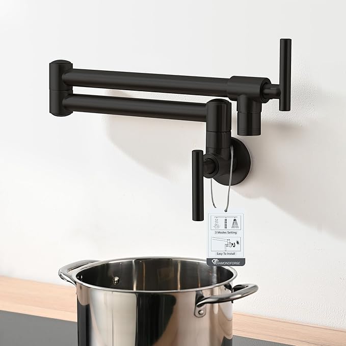 Pot Filler Faucets - for Kitchen, Sink, Stove and Bar with Brass Wall Mount Double Joint Swing Arms - Leak Free Designs with High-Flow Aerators - Retractable and Folding Save Space - Matte Black