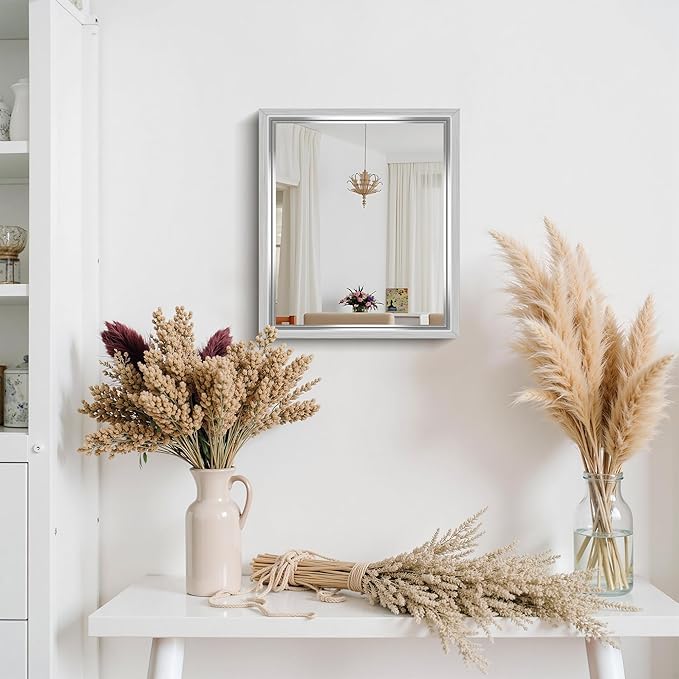 CIRCUMI 14"x16" Silver Mirror with Chunky Box Metal Frame, Brushed Finish Rectangular Wall Mirrors for Living Room, Entryway, Hallway, Tempered Glass Mirror as Decor, Installed Vertical or Horizontal