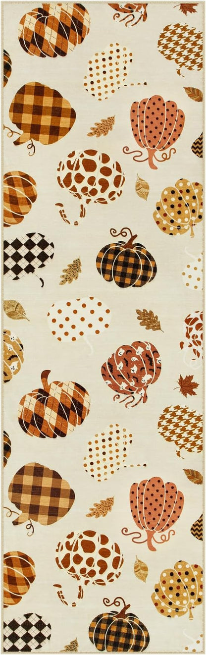 2.5x8 Beige Halloween Fall Pumpkin Hallway Runner Rug for Kitchen Entryway | Washable Non-Slip Low-Pile Autumn Thanksgiving Rug for Hallway, Front Door, Bedroom, Bathroom, Halloween Home Decor Rug