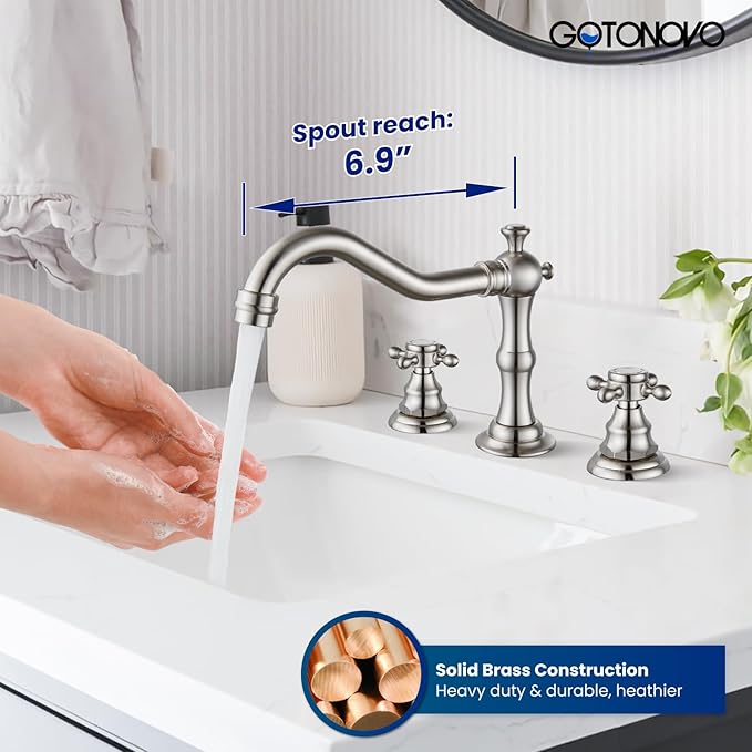 gotonovo 3 Hole Widespread Bathroom Sink Faucet Double Cross Handle Mixer Tap Faucet for Bathroom Sink Vanity Faucet Deck Mount Basin Hot Cold Water Matching Pop Up Drain Brushed Nickel