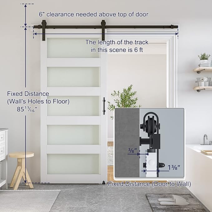 SMARTSTANDARD 32 x 84 in Glass Barn Door with 6FT Sliding Hardware Kit | Pre-Drilled Ready to Assemble, Waterproof PVC Coating, White, 5-Panel Glass