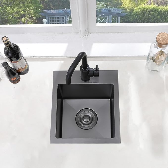 15x15 Drop In Black Bar Sink, 15 Inch Stainless Steel Top Mount Gunmetal Black 16 Gauge Single Bowl Small Kitchen Outdoor RV Sink with Strainer Drain