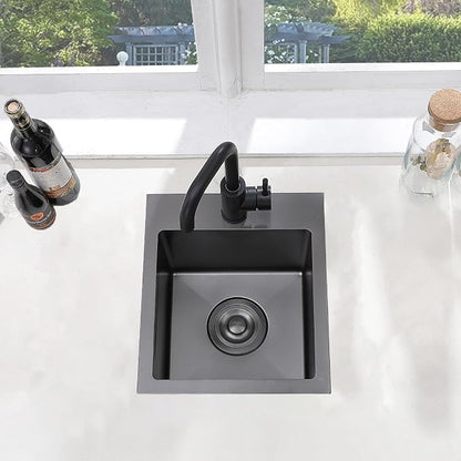 15x15 Drop In Black Bar Sink, 15 Inch Stainless Steel Top Mount Gunmetal Black 16 Gauge Single Bowl Small Kitchen Outdoor RV Sink with Strainer Drain