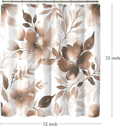 Floral Shower Curtain, Brown Watercolor Flower Shower Curtains for Bathroom, Modern Minimalist Waterproof Fabric Bath Decoration 72x72 Inch