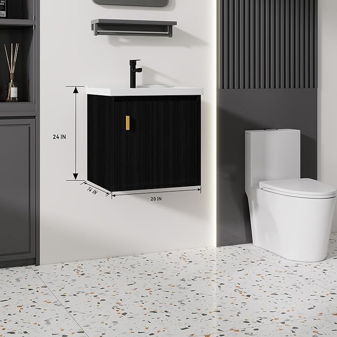 20'' Bathroom Vanity with Ceramic Sink Combo, Wall Mounted Small Bathroom Vanity with Soft-Close Door Modern Floating Cabinet, Pop-up Drain, P-Trap Included, Black(No Faucet)