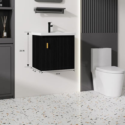 20'' Bathroom Vanity with Ceramic Sink Combo, Wall Mounted Small Bathroom Vanity with Soft-Close Door Modern Floating Cabinet, Pop-up Drain, P-Trap Included, Black(No Faucet)