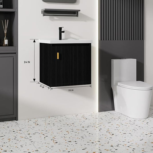 20'' Bathroom Vanity with Ceramic Sink Combo, Wall Mounted Small Bathroom Vanity with Soft-Close Door Modern Floating Cabinet, Pop-up Drain, P-Trap Included, Black(No Faucet)