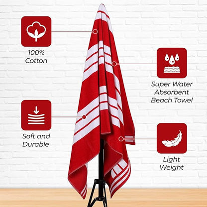 Superior Cotton Cabana Striped Beach Towels, Colorful Towels for Adult, Kid, Pool, Swimming, Sand, Travel, Large Oversized, Absorbent, Fast Drying, Bath Basics, Cabana Collection, 1 Piece, Red