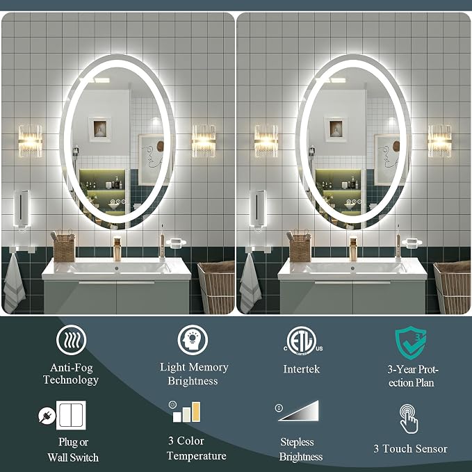OKPAL Oval LED Mirror for Bathroom 40x30, Bathroom Mirror with Lights, Oval Lighted Bathroom Mirror, Anti-Fog, Shatter-Proof, Dimmable, Memory, 3 Colors (Front Lights + Backlit)