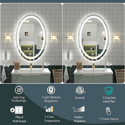 OKPAL Oval LED Mirror for Bathoom 40X24, Oval Bathroom Mirror with Lights, Dimmiable Lighted Vanity Mirror, Anti-Fog, Shatter-Proof, Memory, 3 Colors (Front Lights + Backlit)