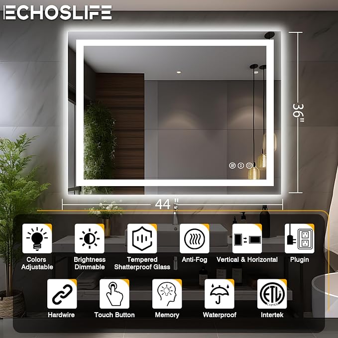 EchosLife 44"x36" LED Light Mirror for Bathroom | Backlit + Front Lit, Anti-Fog, Stepless Dimmable, 3 Colors, Memory, Tempered Glass, UL Listed, Horizontal/Vertical