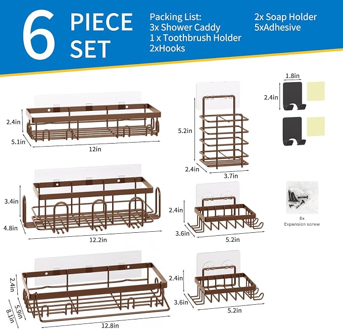 DTUQYX Shower Caddy 9 Pack,Adhesive Organizer for Bathroom Decor Accessories & Kitchen Storage,No Drilling,Large Capacity,Rustproof Stainless Steel Organizer,Home Decor Shelves (Brown 9 Pack)