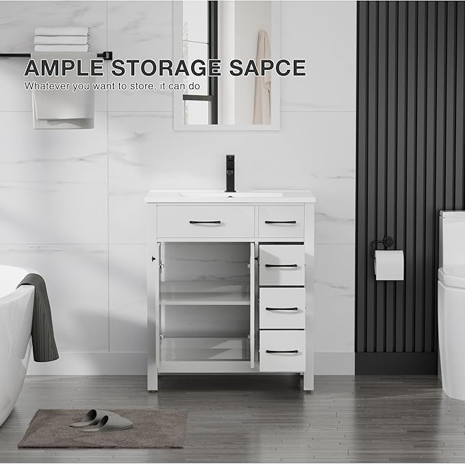LUCKWIND 30" Modern Bathroom Vanity with Sink, Painted Storage Cabinet with Undermounted Sink, Two Doors and Three Drawers, Include Faucet Without Mirror, White