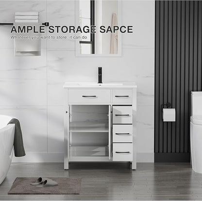 LUCKWIND 30" Modern Bathroom Vanity with Sink, Painted Storage Cabinet with Undermounted Sink, Two Doors and Three Drawers, Include Faucet Without Mirror, White