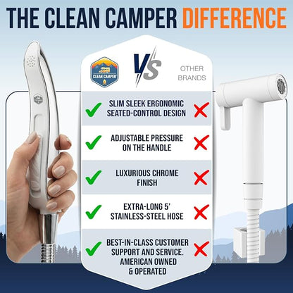 RV Handheld Bidet Sprayer for All RV Toilets, 5' Hose | Fits all RV toilets with adjustable spray pressure, backflow preventer, stay-seated design, and extra-long 5' hose
