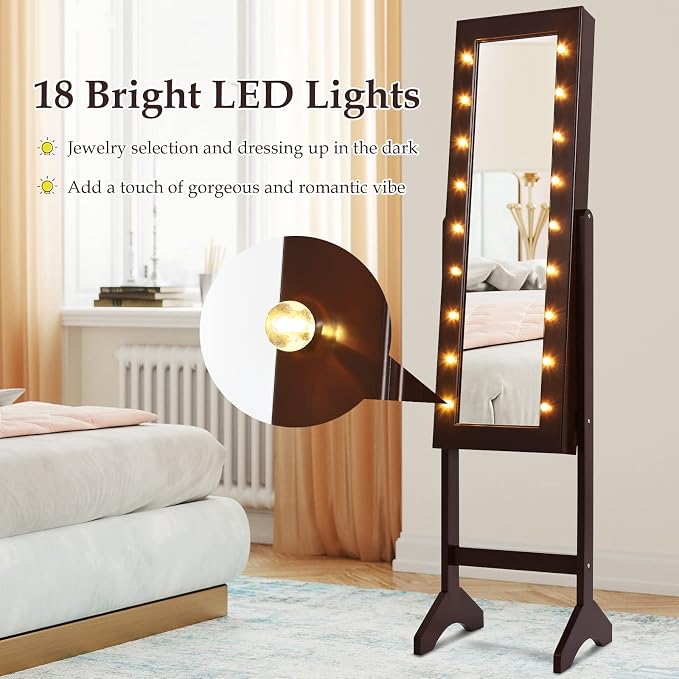 Moccha 18 LEDs Standing Jewelry Armoire, Large Lockable Jewelry Organizer, Mirrored Jewelry Cabinet with Full Length Mirror, 1 Inside Makeup Mirror, 4 Storage Shelves, 16 Lipstick Holders, Brown