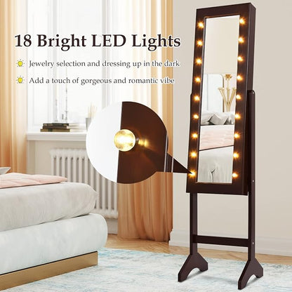 Moccha 18 LEDs Standing Jewelry Armoire, Large Lockable Jewelry Organizer, Mirrored Jewelry Cabinet with Full Length Mirror, 1 Inside Makeup Mirror, 4 Storage Shelves, 16 Lipstick Holders, Brown