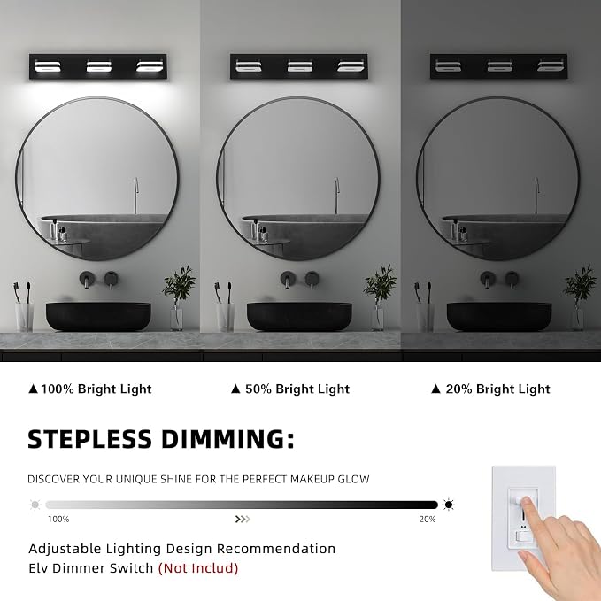 Modern LED Bathroom Vanity Light Dimmable Matte Black 3-Light Fixture 18W 24" Wall Light Day Light 5500K 110V AC