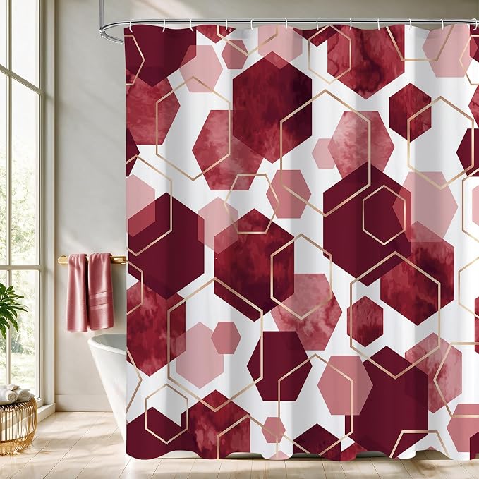 Litabel Long Shower Curtain for Bathroom, Geometric Bathroom Decor 72x78 | Long Modern Minimalist Shower Curtais, Burgundy Geometric Art Print Abstract Waterproof Bath Curtain