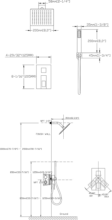 SUMERAIN Bathroom Shower System with Rain Shower and Hand Wand Chrome | 8" Stainless Steel Shower Head, Brass Rough-in Valve, Concealed Box Design, Easy to Maintain and Install