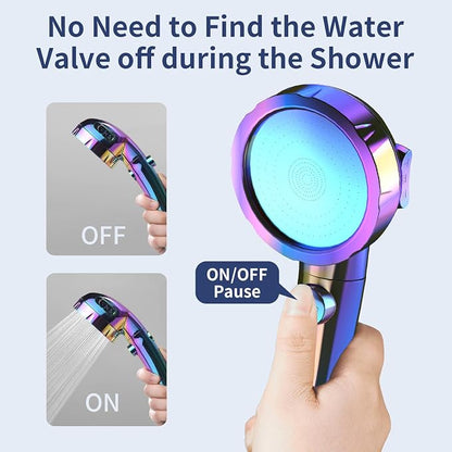 HANLIAN On/Off High Pressure Handheld Shower Head for RV Camper | 3 Spray Modes Shower Head with Pause Button, Water Saving Shower Head with Hose and Self-adhesive Holder(Radiant Rainbow)