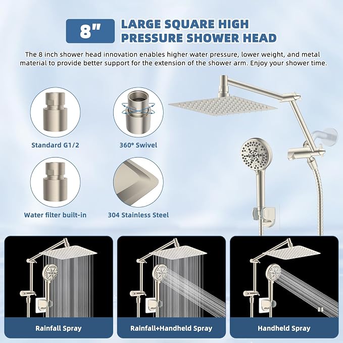 Metal Rain Shower Head with Handheld, 8” High-Pressure Showerhead,10-Mode | Brushed Nickel, Rainfall Shower Head with 5" Large Handheld, Adjustable 16" Shower Extension Arm/71" Hose, 3-Way Diverter