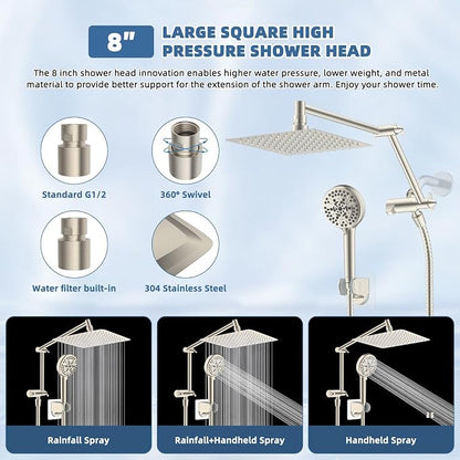 Metal Rain Shower Head with Handheld, 8” High-Pressure Showerhead,10-Mode | Brushed Nickel, Rainfall Shower Head with 5" Large Handheld, Adjustable 16" Shower Extension Arm/71" Hose, 3-Way Diverter